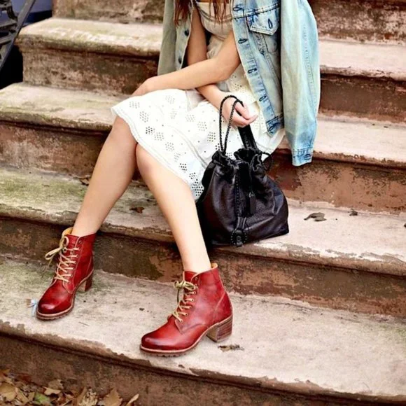 $528 Frye Sabrina Moto Oxblood Burgundy Red Lace Up Leather Combat Ankle Boot - Picture 4 of 16